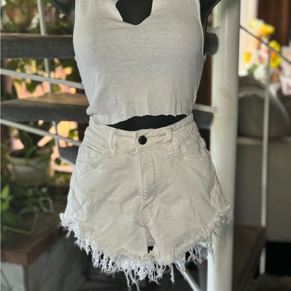 Frayed Hem White Denim Shorts